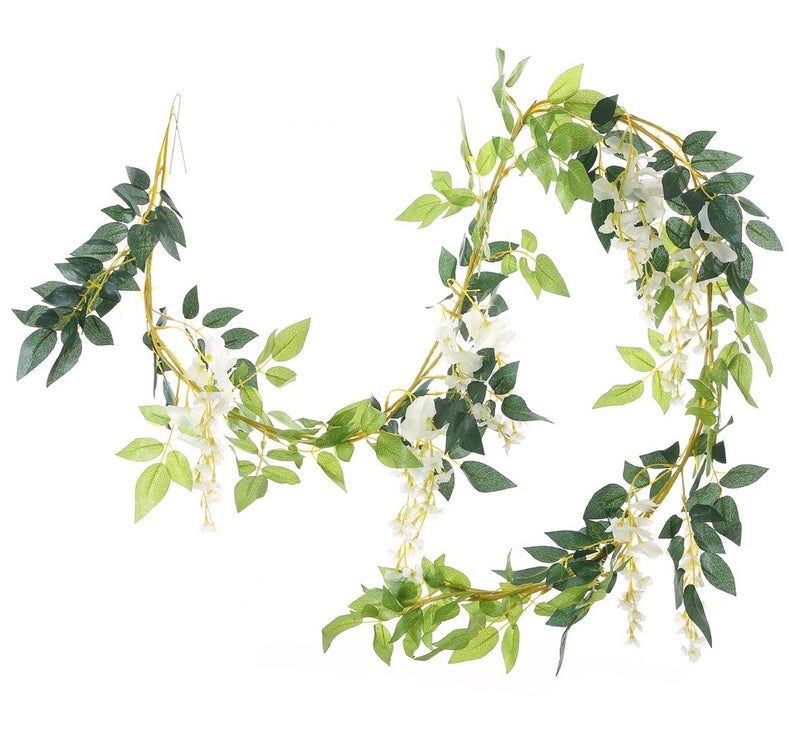 UUPP 2Pcs 6.6Ft Artificial Flowers Vines Silk Wisteria Artificial Garlands Fake Hanging Green Leaf Flower Ivy Vines for Home Garden Wedding Arch Decor, White - Image 3